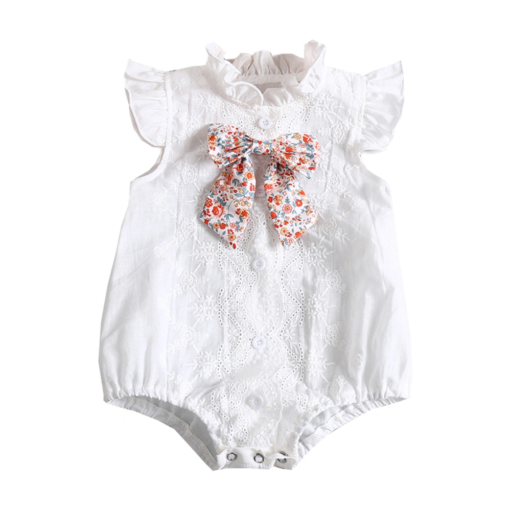 Embroidery Ruffle Round Neck Fly Sleeve Bodysuit with Floral Bow