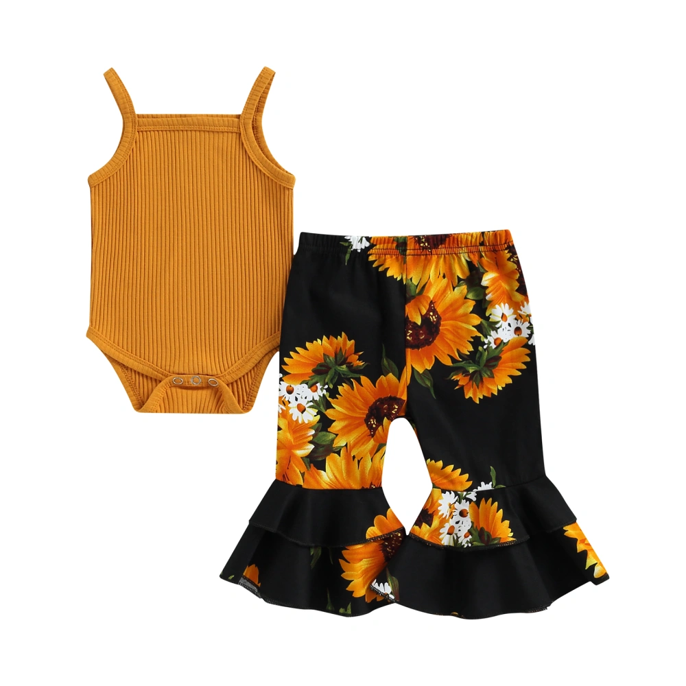 Solid Color Spaghetti Strap Bodysuit + Sunflower Print Flared Pants