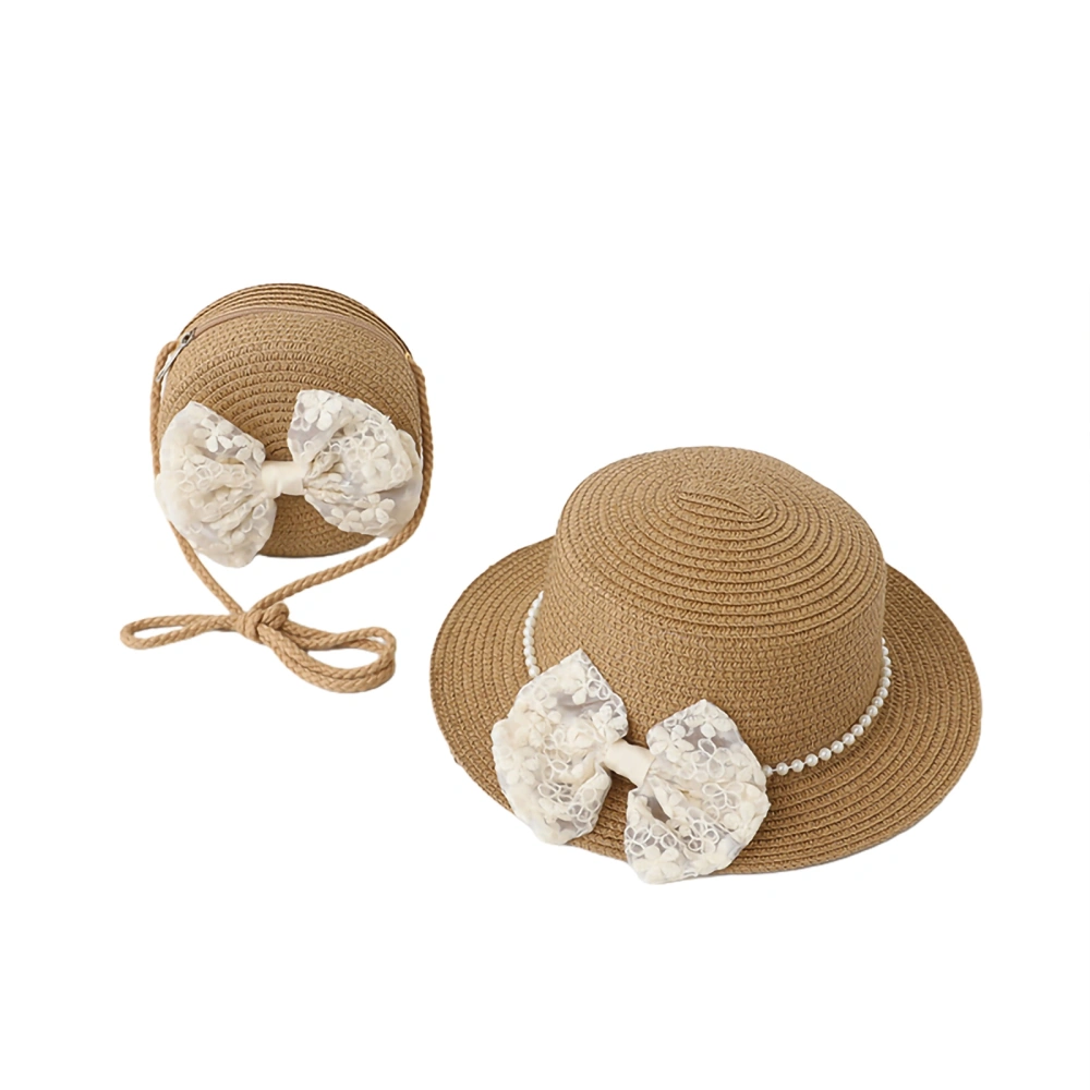 Girls Summer Hat Bag Set Bowknot Beach Straw Sun Hat with Bag