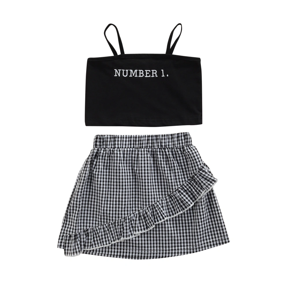 Kids Suit Set, Letter Embroidery Sleeveless Tops+ Plaid Midi Skirt