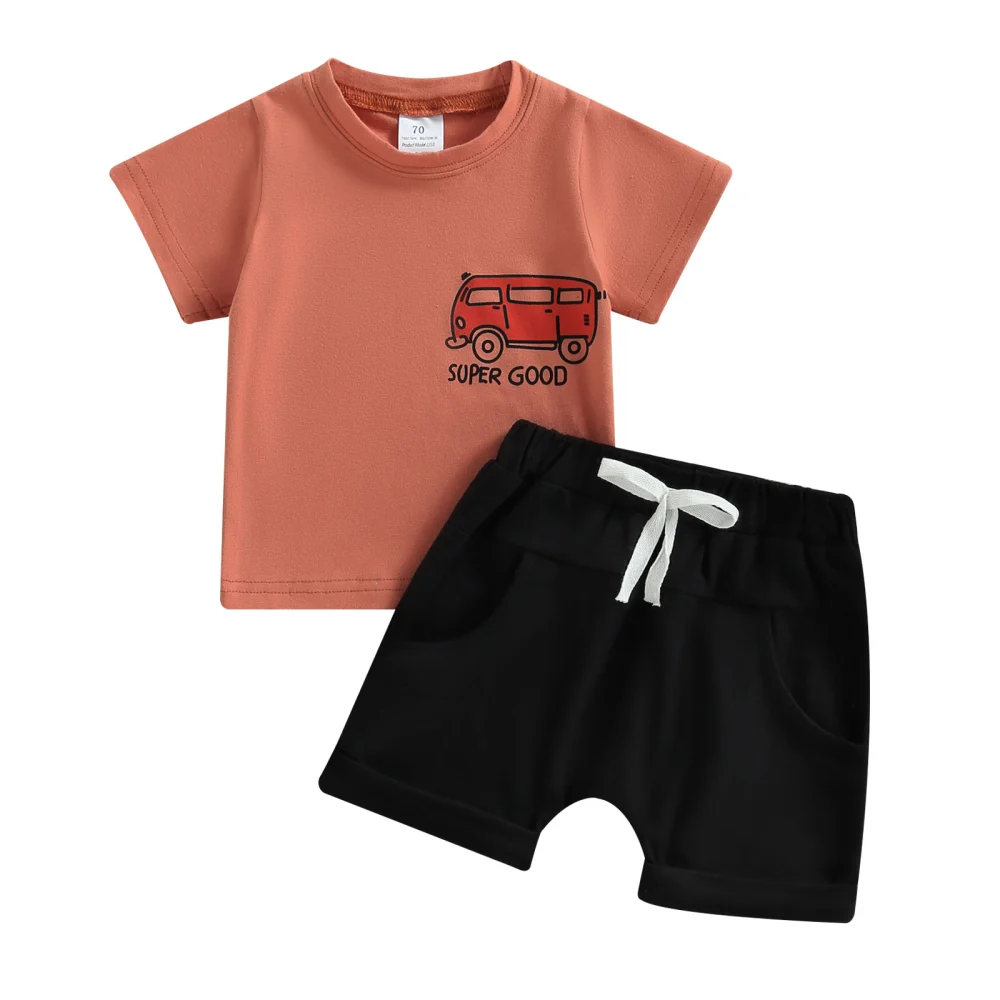 Boy Short Sleeve Car Print Orange Tops + Short Pants Outfit 