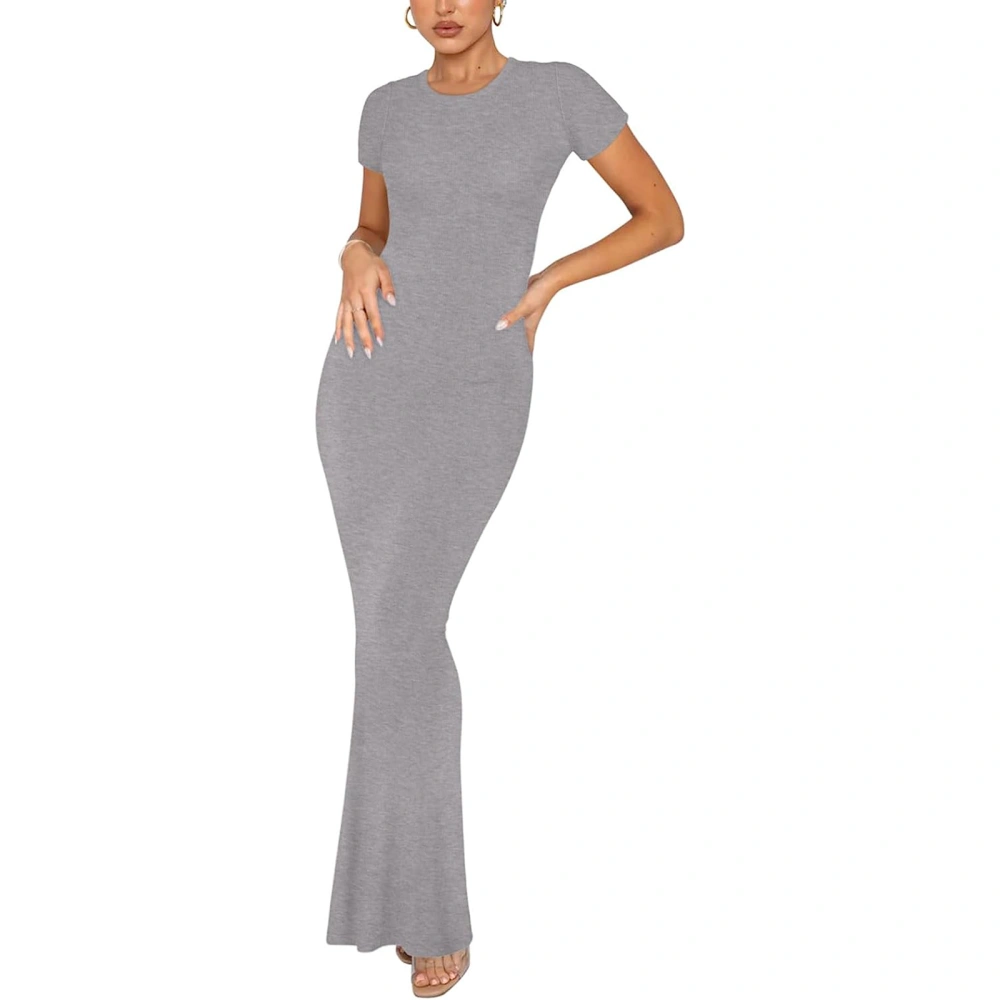 Women Long Bodycon Dress Solid Color Crew Neck Short Sleeve Dress