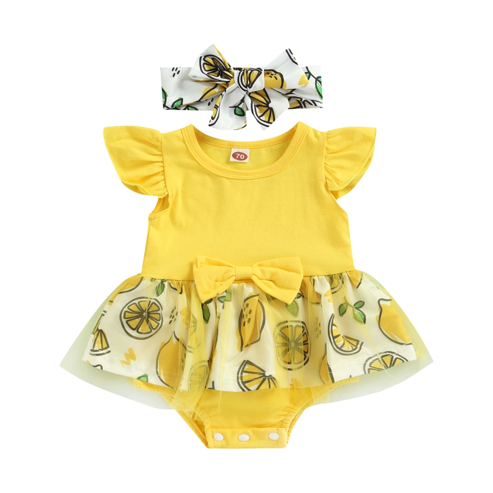 Baby Girls Outfit, Lemon Print Flying-Sleeve Romper Dress + Hairband