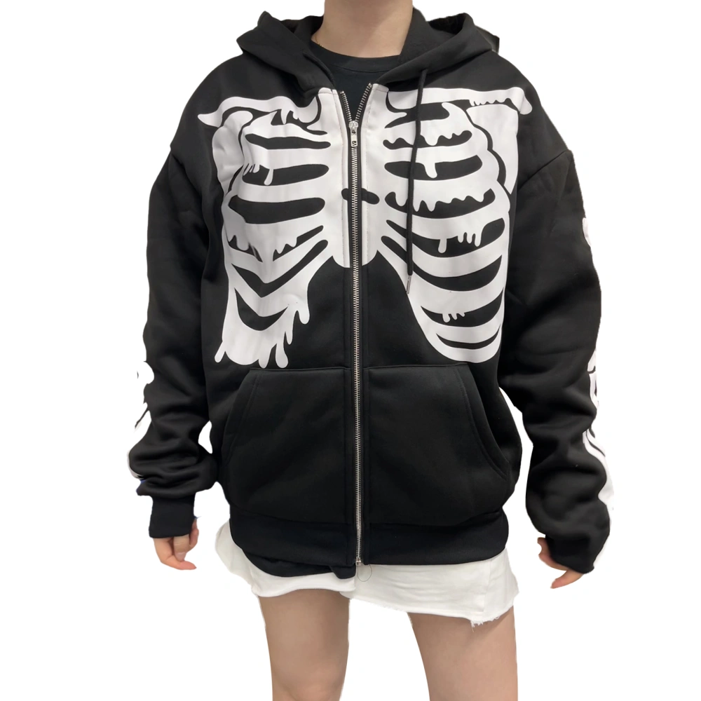 Women's Skeleton Print Hoodie Pullover, Long Sleeve Zipper Loose Coat