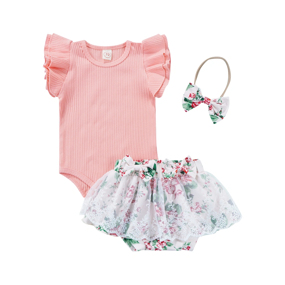 Newborn Girls Clothes Outfit, Flying Sleeve Romper + Skirt + Headband