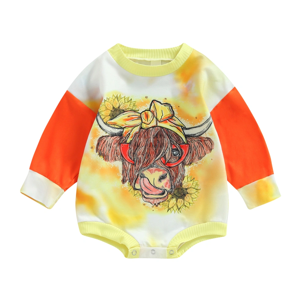 Baby Girls Romper, Long Sleeve Cow Head Tie-dye Print Fall Bodysuit