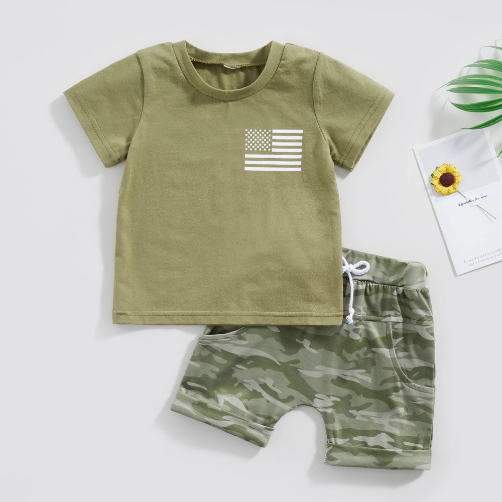 Boys Short Sleeve Flag Print Tops + Camouflage Drawstring Shorts