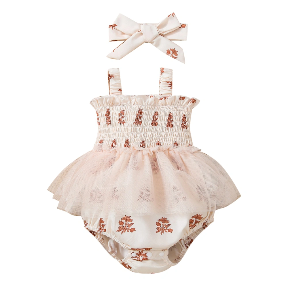 Baby Girls Summer Sleeveless Tulle Trim Floral Playsuit with Headband