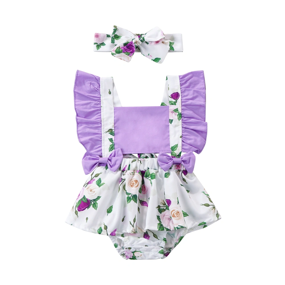 Flower Print Square Neck Sleeveless Baby Romper with Headband