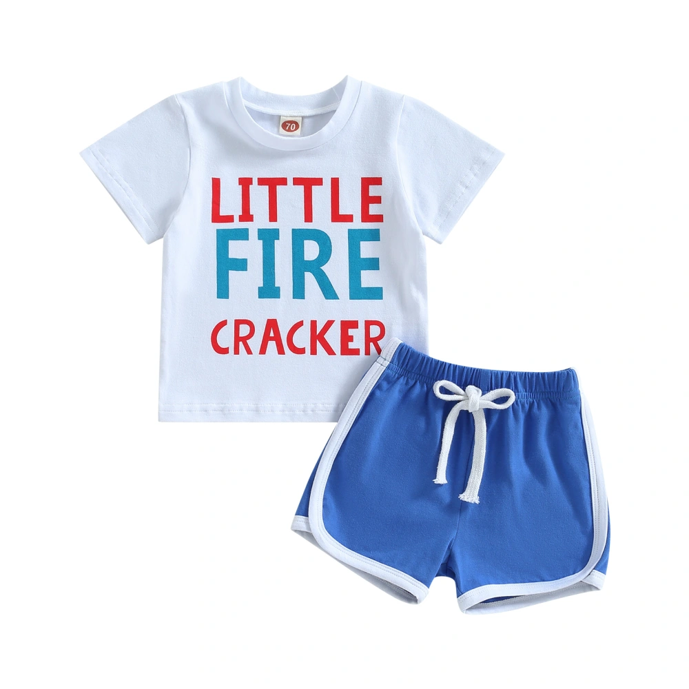 Boys White Short Sleeve Letter Print Tops + Blue Drawstring Shorts