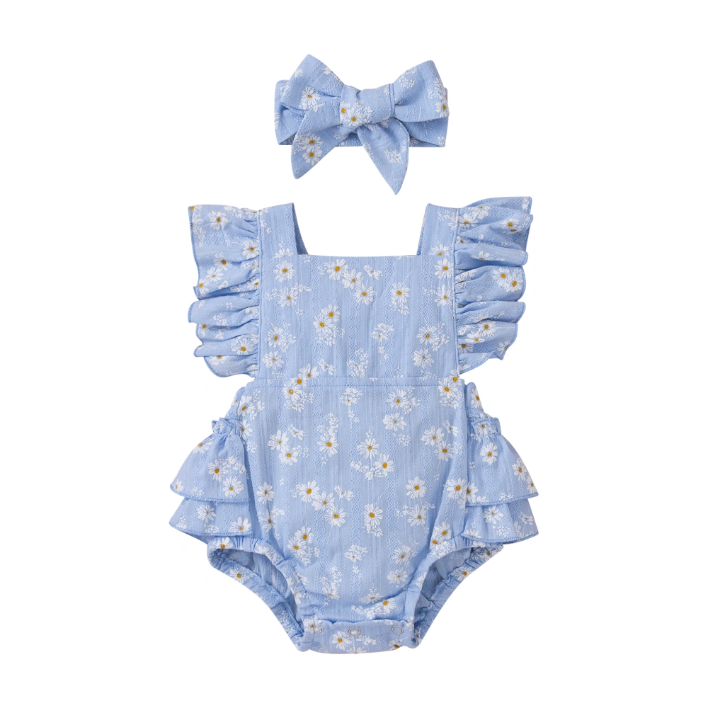 Baby Girls 2Pcs Summer Outfits, Daisy Print Romper with Headband