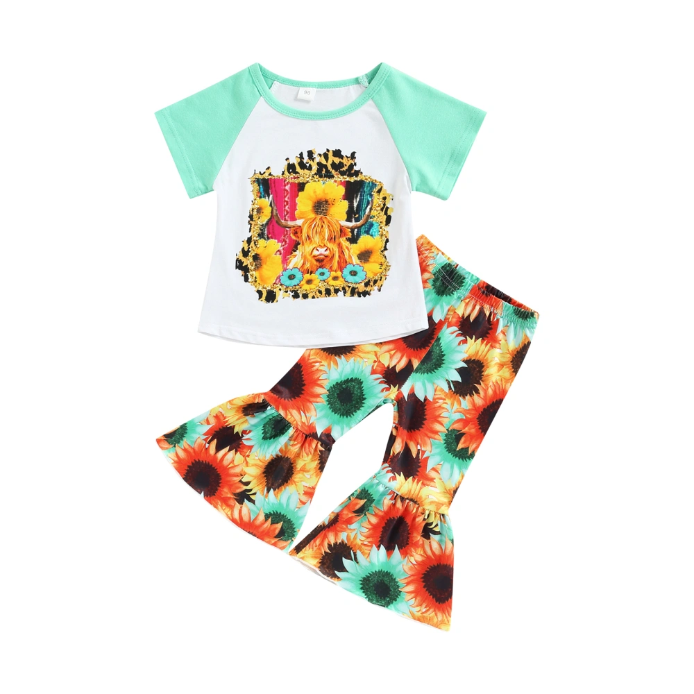 Girls 2PCS Outfits, Short Sleeve Sunflowers Tops + Long Flared Pants