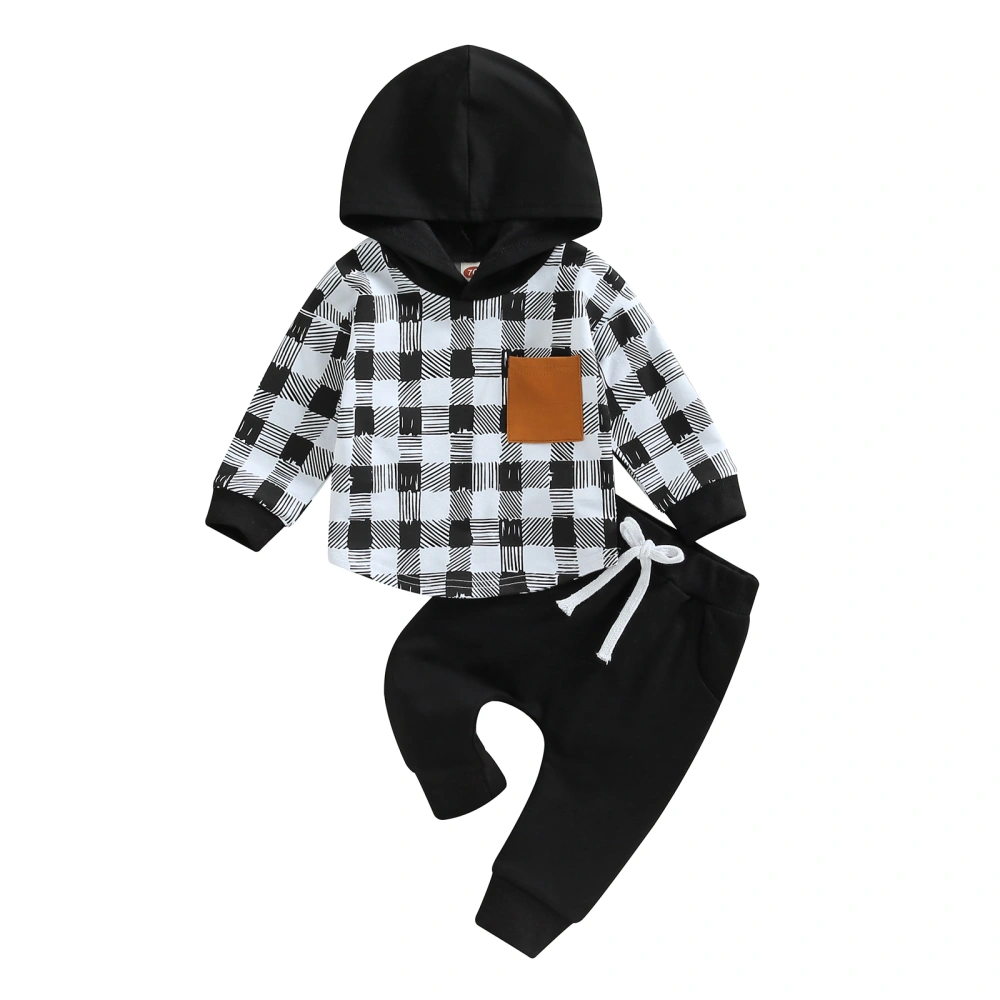 Baby Boys 2Pcs Fall Outfits, Plaid Print Hoodie and Pocket Pants Set