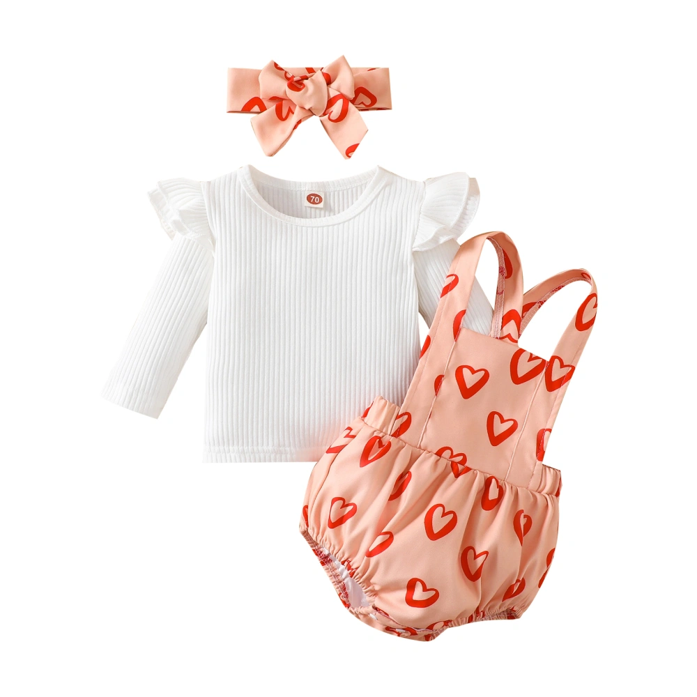 Baby Girls Romper Set, T-shirt + Heart Print Romper + Bowknot Hairband