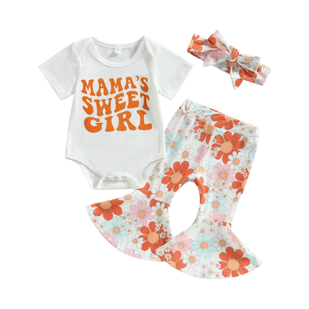 3Pcs Baby Girl Spring Outfits, Romper+Floral Bell Bottoms+Headband Set