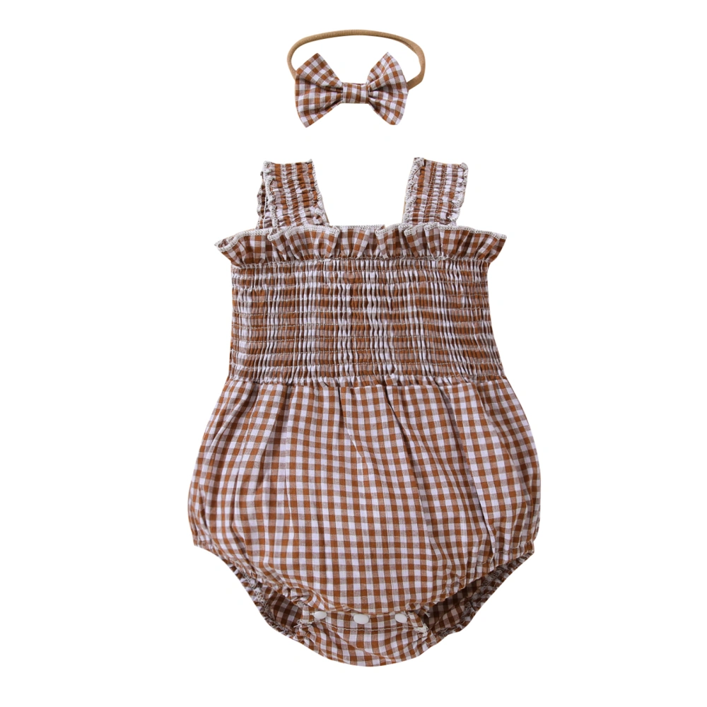 Baby Girls Sling Romper Plaid Sleeveless Bodysuits with Headband