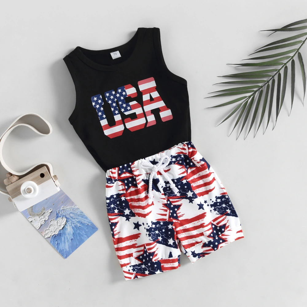 Boys O Neck Letter Print Vest + Star Stripe Print Drawstring Shorts