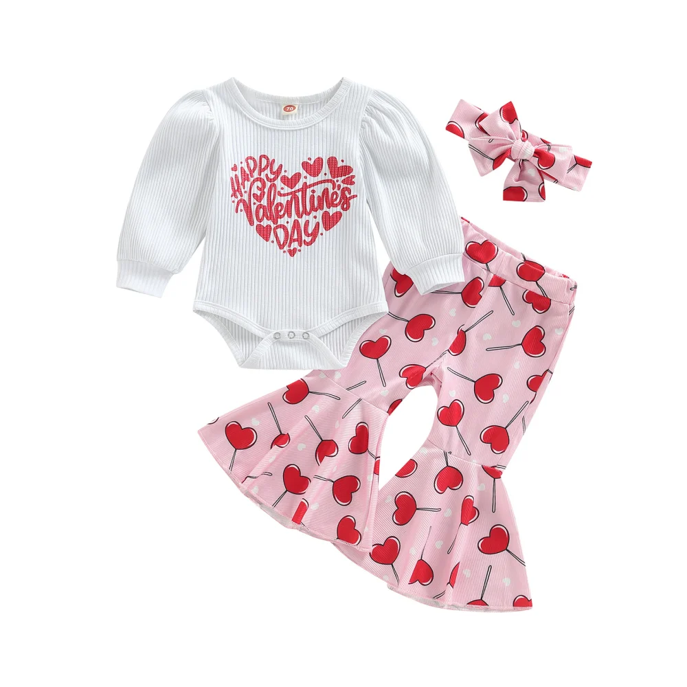 Baby Girls Jumpsuits Set Valentine's Day Romper and Pants Headband