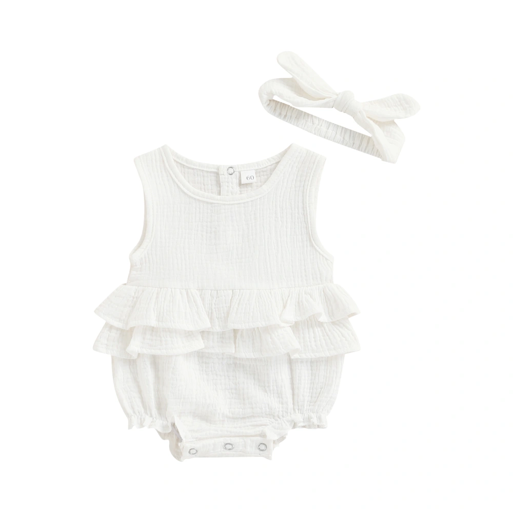 Baby Summer Romper, Plain Pleated O-Neck Ruffle Snap Romper + Headband