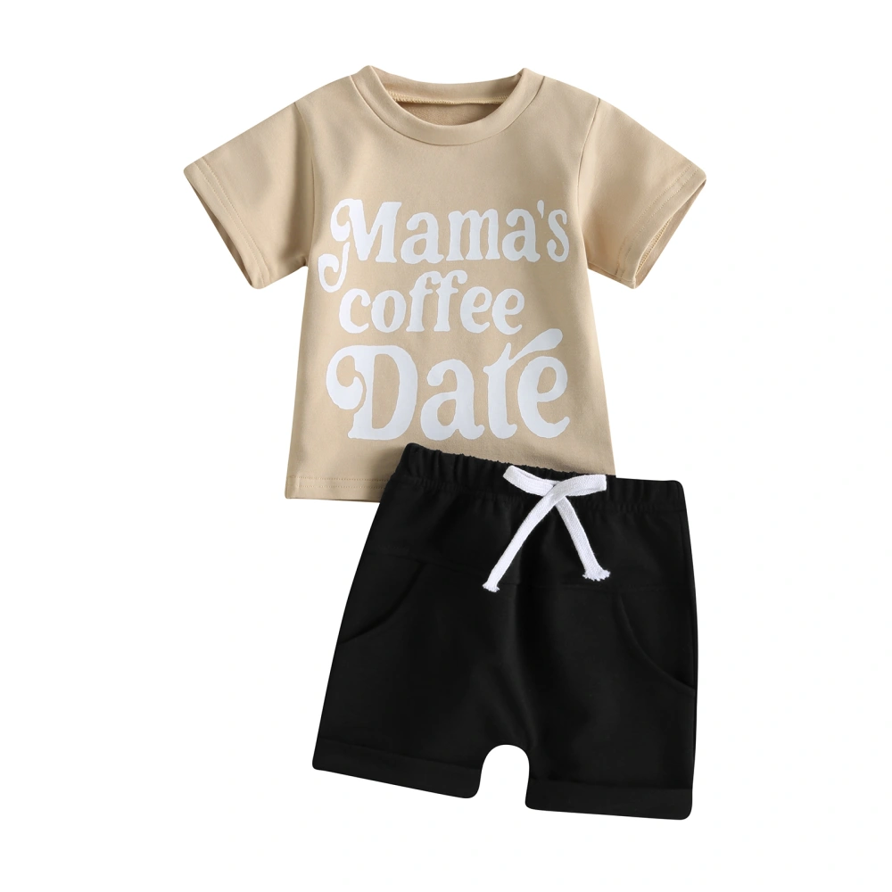 Boy Short Sleeve Round Neck Letters Print Tops + Drawstring Shorts 