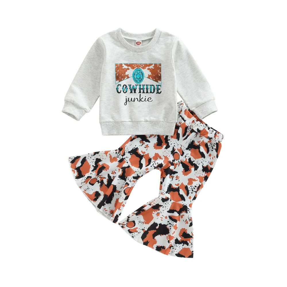 Girls Long Sleeve Letter Print Pullover + Cow Print Flared Pants