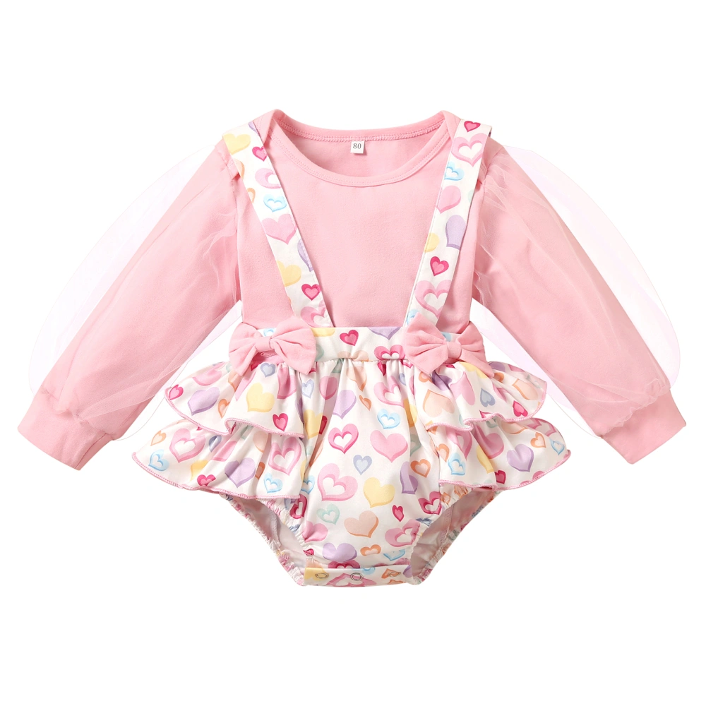 Baby Girls Pink Long Sleeve Romper + Heart Print Suspender Shorts