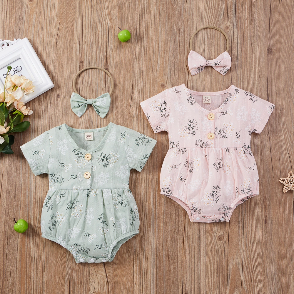 Baby Girls Outfit, Printing Short Sleeve Button Romper, Headwear