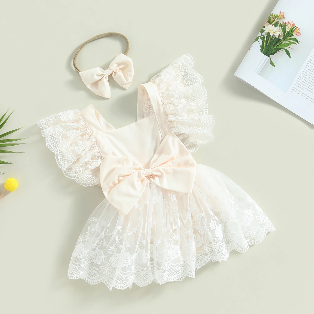 Infant Romper Dress Lace Flower Fly Sleeve Jumpsuits with Headband