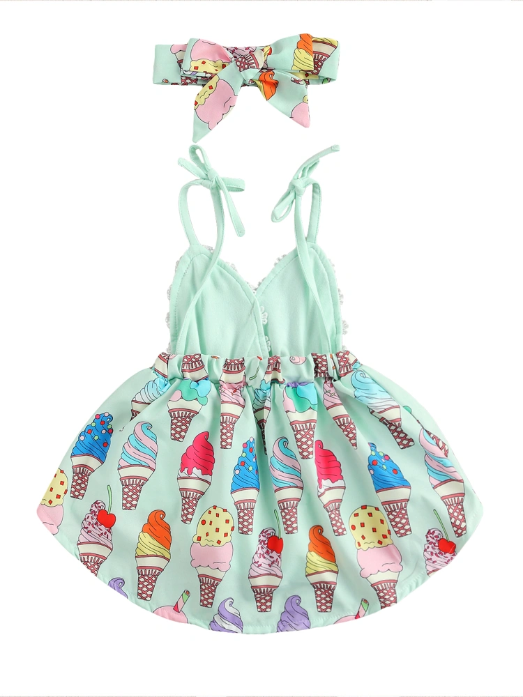 Baby Girl’s Ice Cream Printed Backless Suspender Romper and Headband