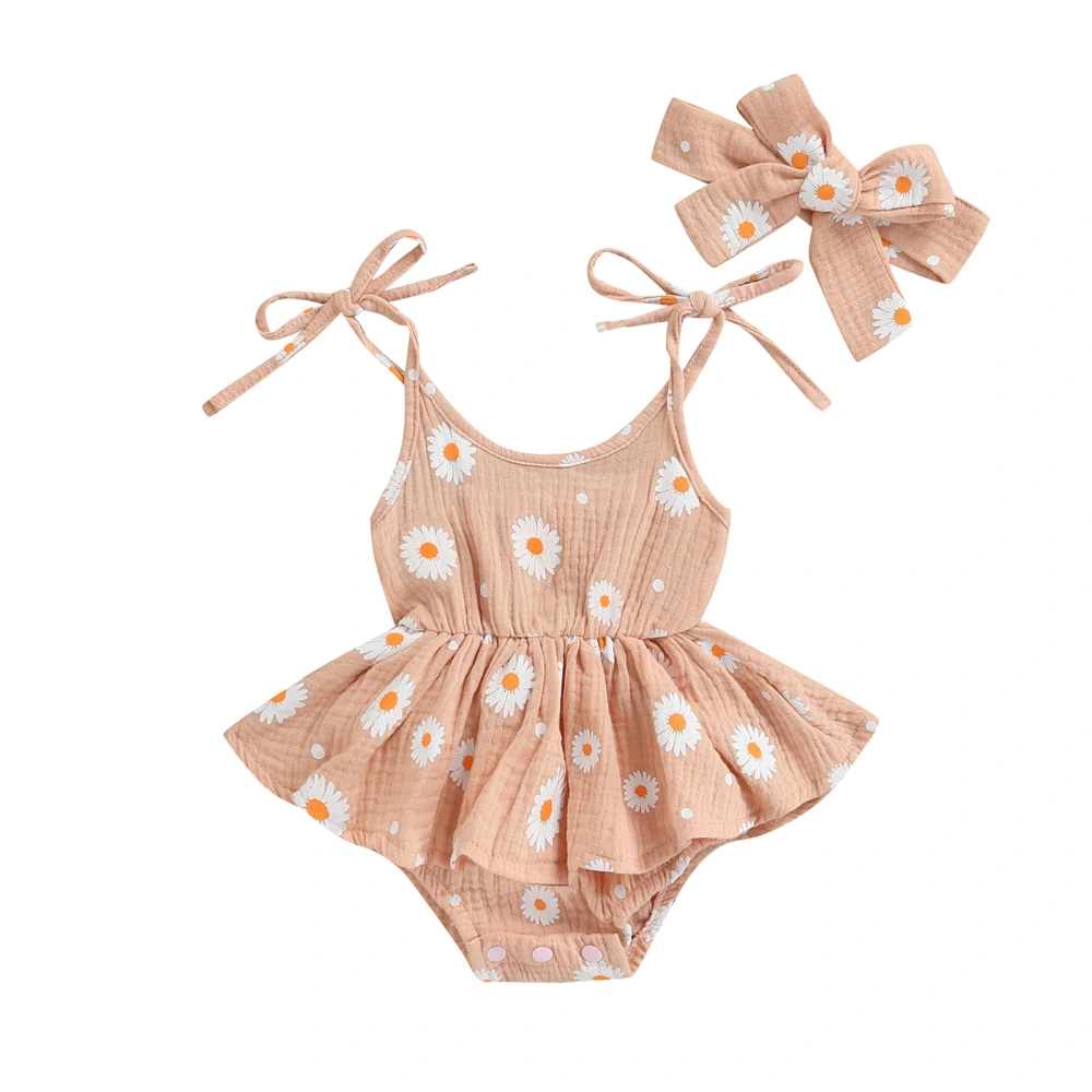 Tie-up Daisy Print U-shaped Neck Spaghetti Strap Bodysuit + Headband