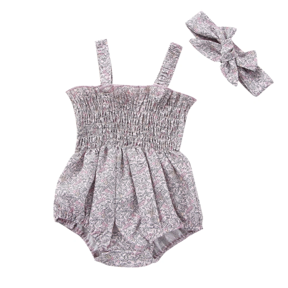 Baby Girls 2Pcs Summer Outfits, Smocked Strap Romper with Headband