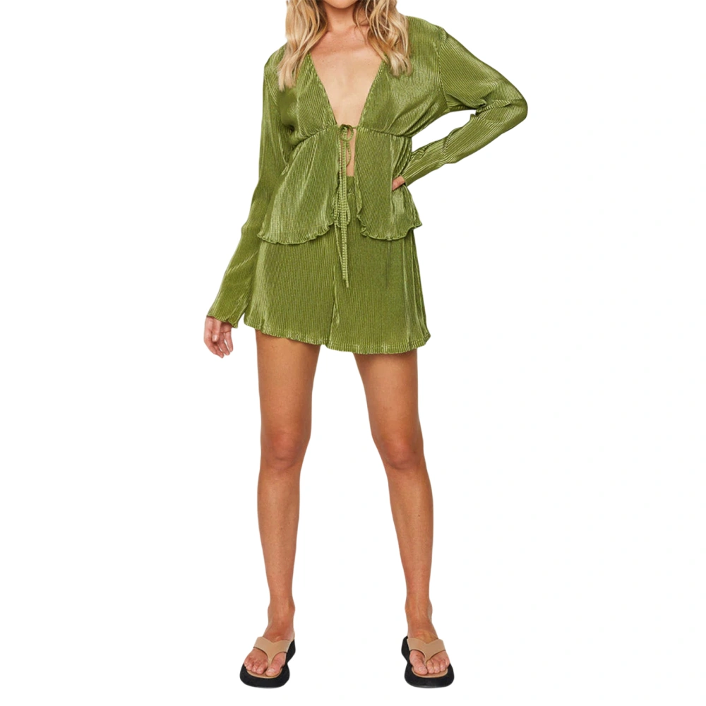 Women Shorts Suits, Solid Color Pleated Long Sleeve Tops + Shorts Set