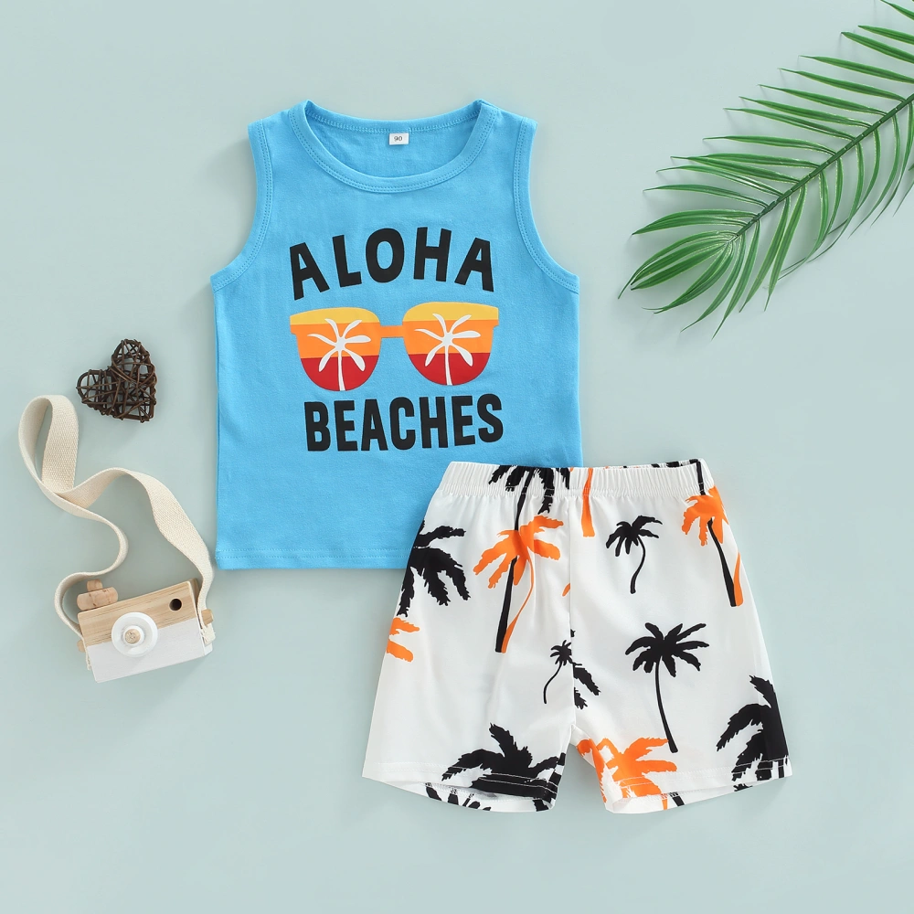 Boy Breeches Suit Letter Glasses Vest Tops + Tree Printed Soft Shorts