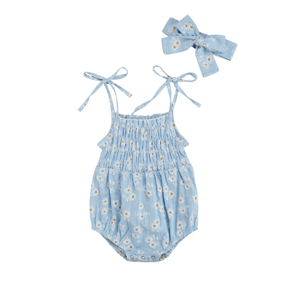 Tie-up Daisy Pattern Spaghetti Strap Playsuit + Bowknot Headband