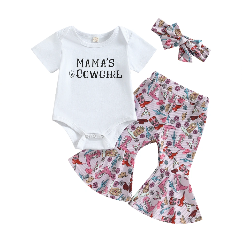 Girls White Short Sleeve Romper + Cactus Boots Print Pants + Headband