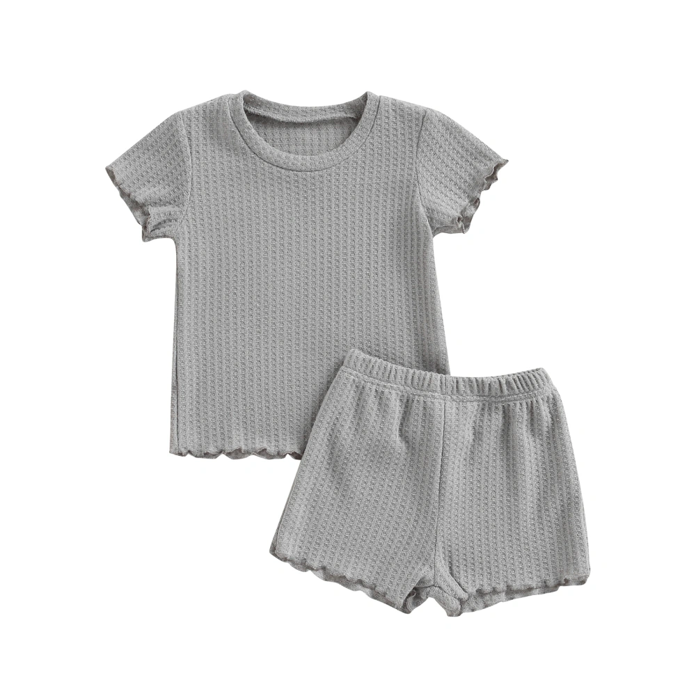 Children’s Solid Color Waffle Short Sleeve Tops and Tie-up Shorts Set