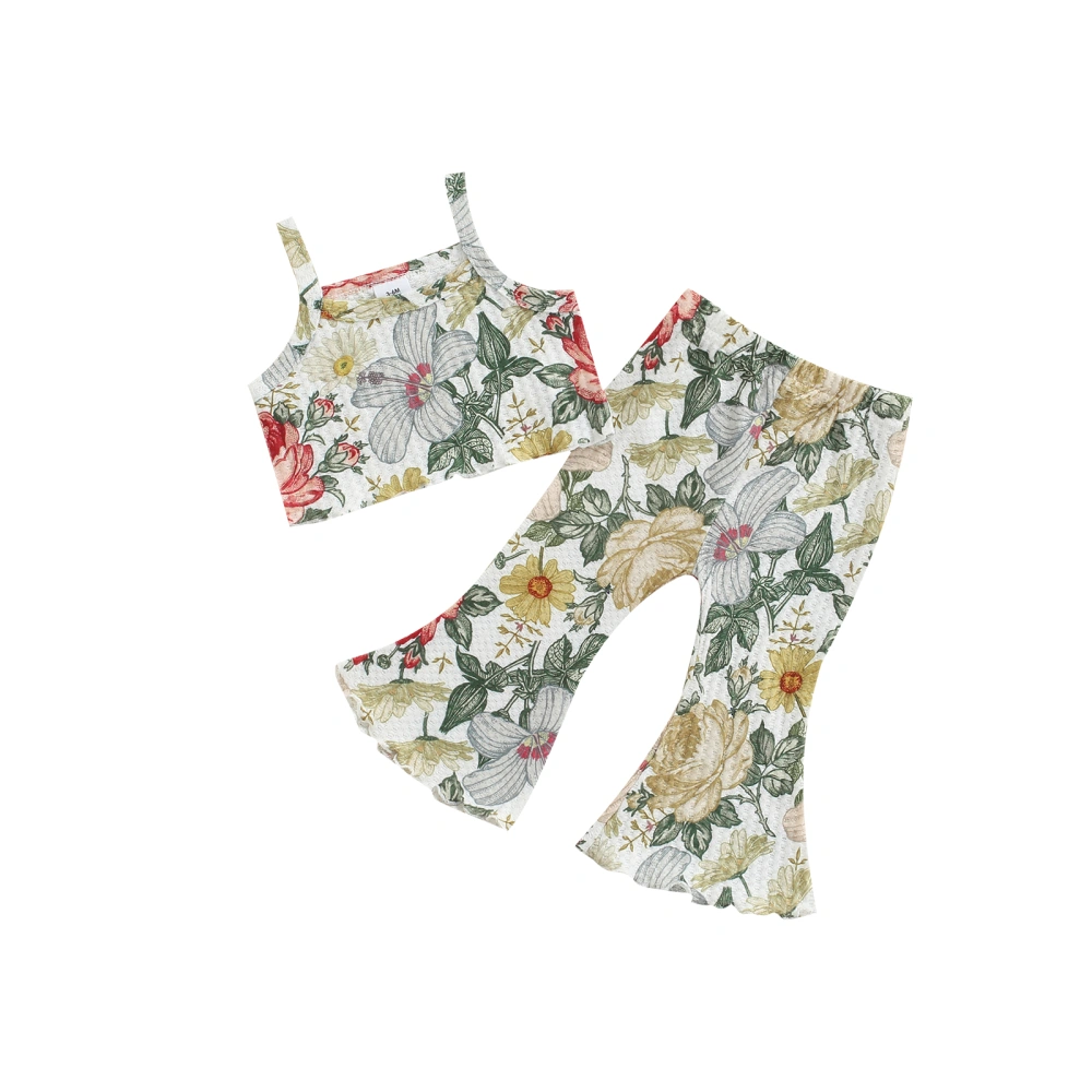 Baby Girl’s Flower Printed Waffle Camisole and Flared Pants Set