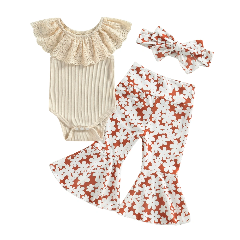 Girls Jumpsuits Set Flying Sleeves Romper and Floral Pants Headband