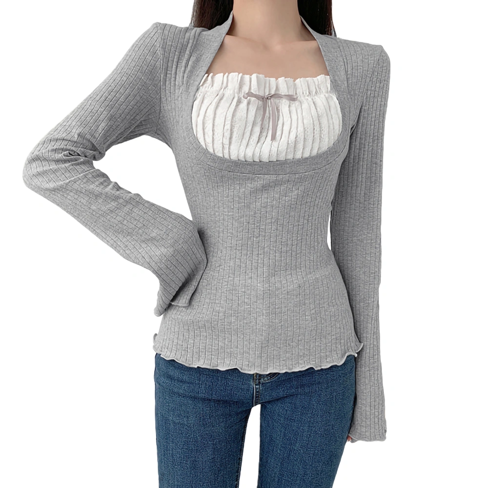 Women's Spring Gray Long Sleeve Square Neck Contrast Color T-shirt