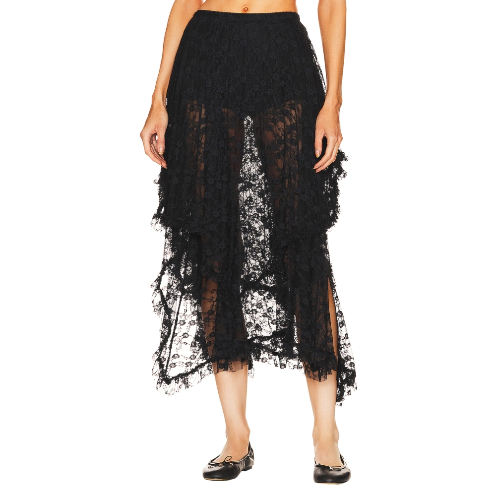 Women's Midi Tulle Skirt, High Low Asymmetrical Ruffled Sheer Skirts