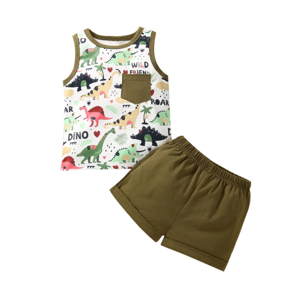 Unisex Baby Summer Tracksuits, Cartoon Dinosaur Vest + Shorts Suit