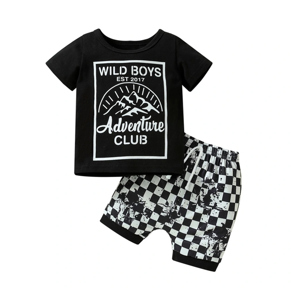 Baby Boys Outfits Summer Letter Print T-shirt and Elastic Plaid Shorts