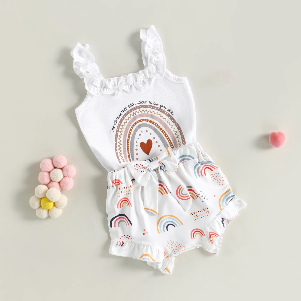 Baby Girl Clothes Suits Letter Print Sleeveless Frills Sling Romper Rainbow Print Elastic Waist Shorts 2Pcs Set