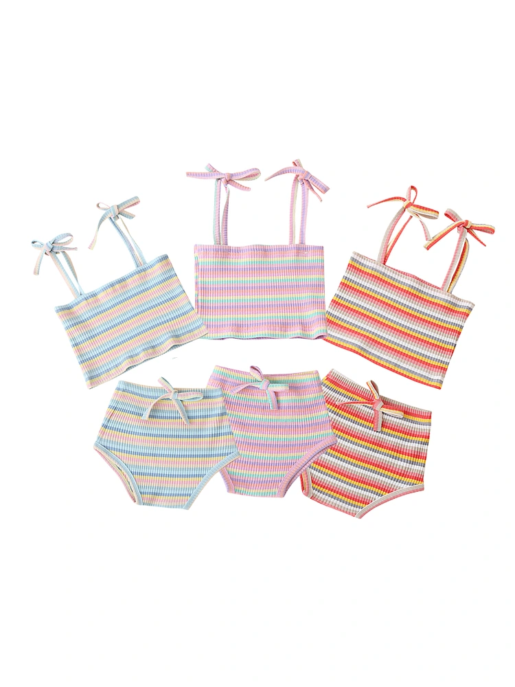 2Pcs Toddler Summer Tracksuit, Stripe Tied Straps Vest + Pantie