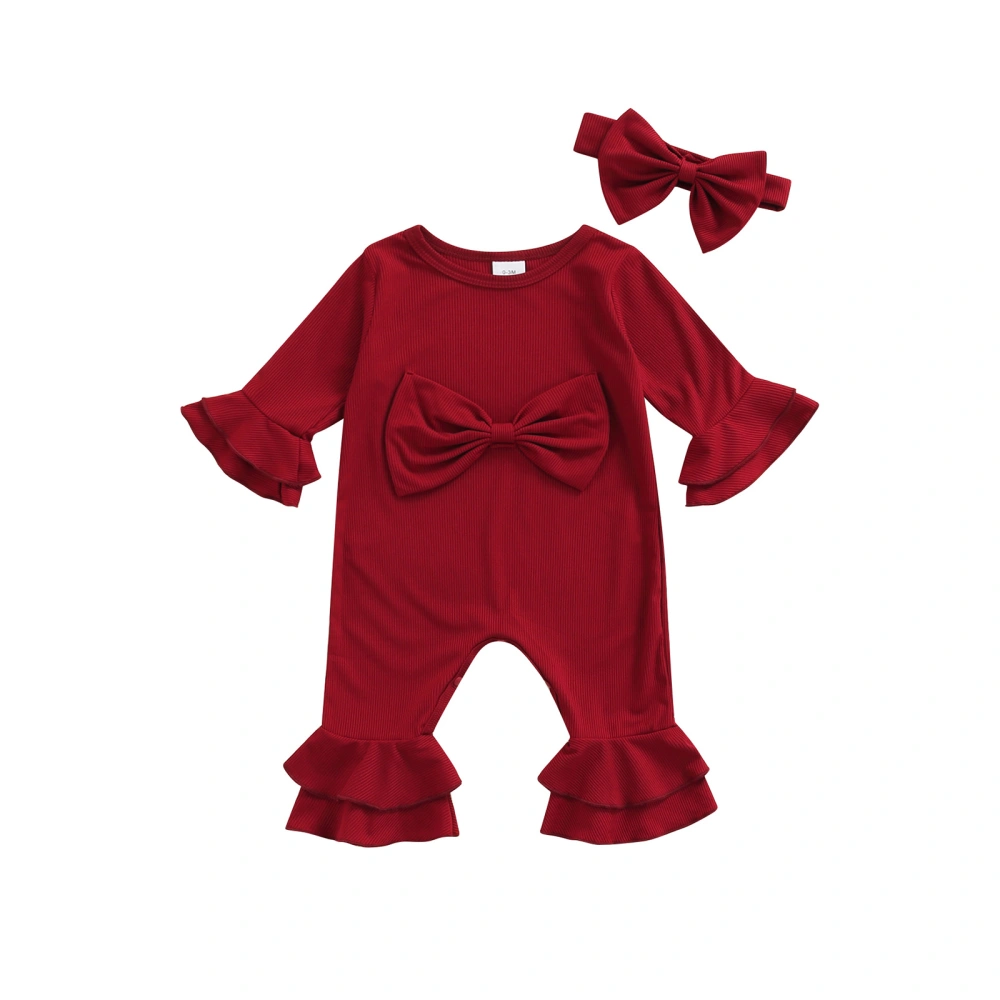 Infant Girl Outfit Sets, Bowknot Flared Romper Jumpsuit with Headband 