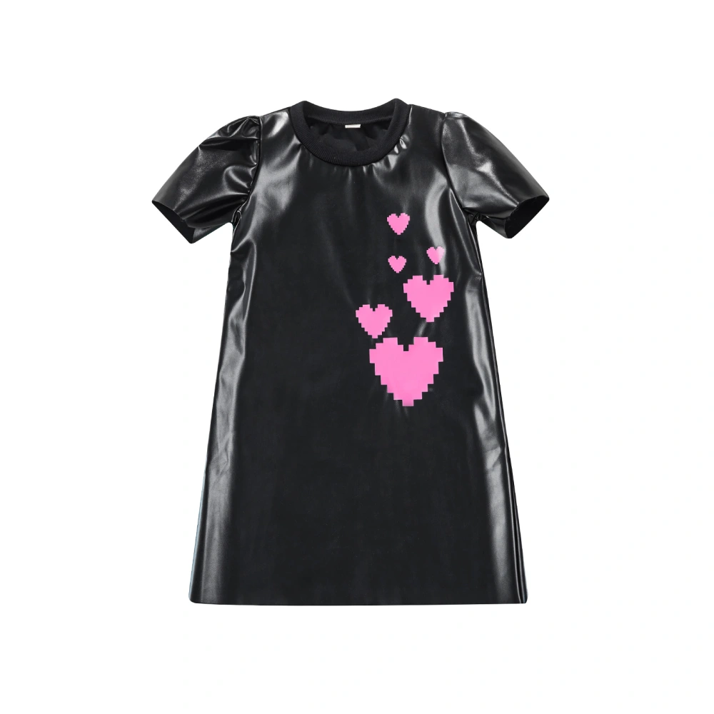 Girl's Dress, Heart Pattern Short Sleeve Round Neck PU Leather Dress