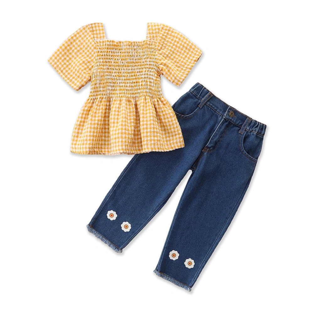 Girl’s Plaid Short-sleeve T-shirt and Little Daisy Denim Pants Set