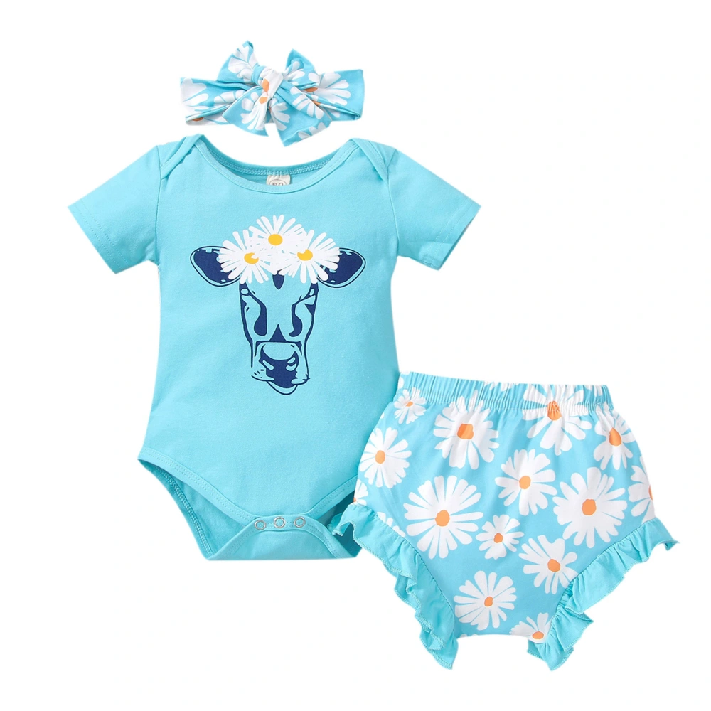 Baby Girl Outfit Bull-Head Print Romper Daisy Pattern Shorts Headband