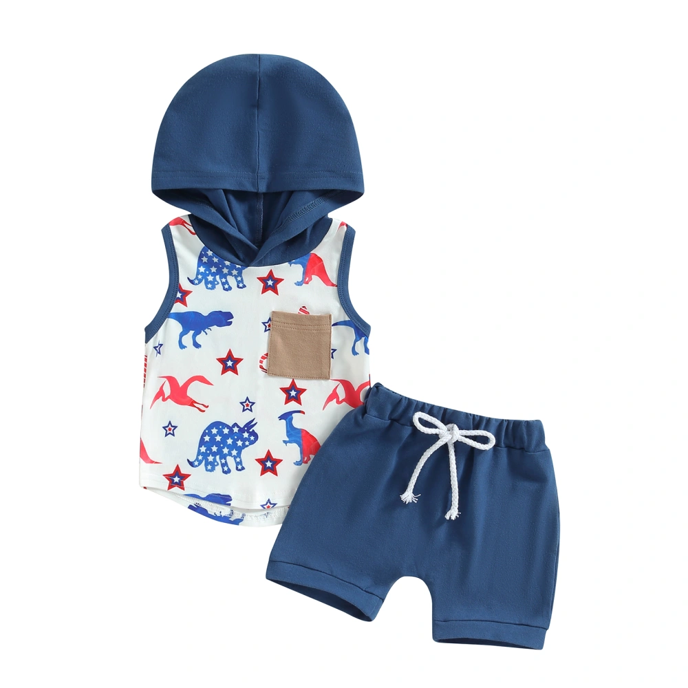 Baby Boys 4th of July Outfits, Sleeveless Dinosaur Hoodie + Shorts Set