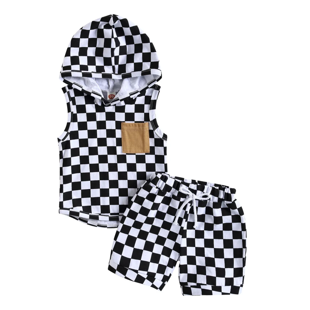 Toddler Boys Hooded Tank Tops + Checkerboard Print Drawstring Shorts